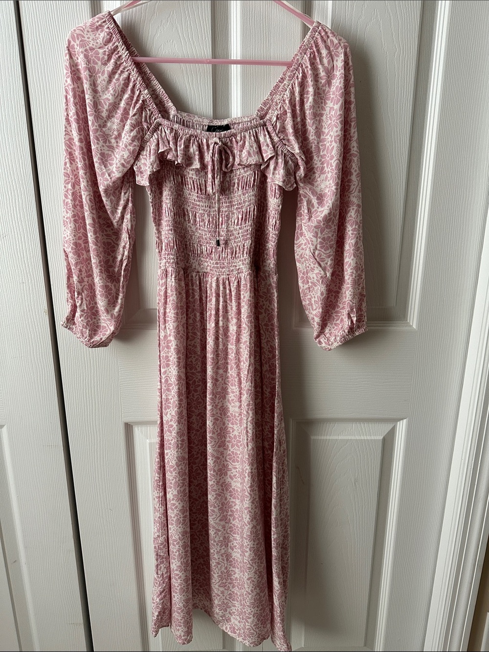 Oak & trellis Blush Pink Floral Midi Dress with Smocked Bodice